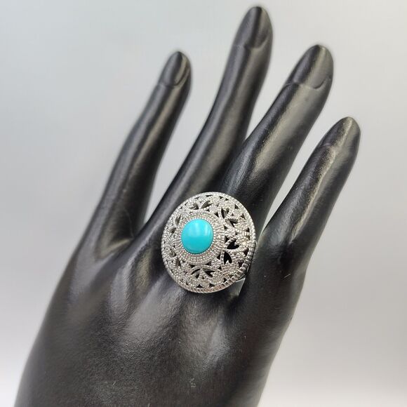 Elizabeth Adams Sterling Silver 925 Turquoise Diamond Accents Ornate Ring Sz 8 - Picture 8 of 15